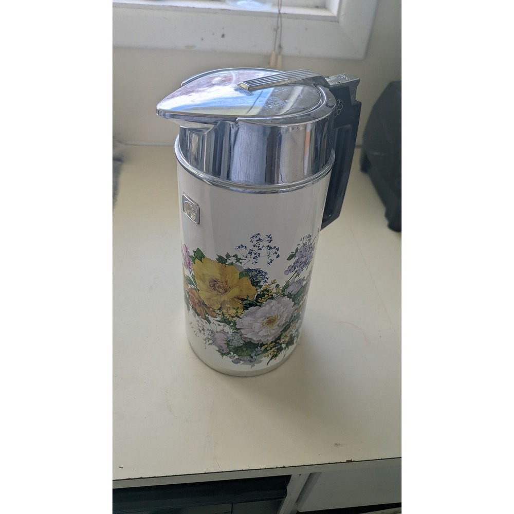 Vintage Floral Vacuum Thermal Carafe 1.3L Retro‎ Japanese Chrome Pitcher White